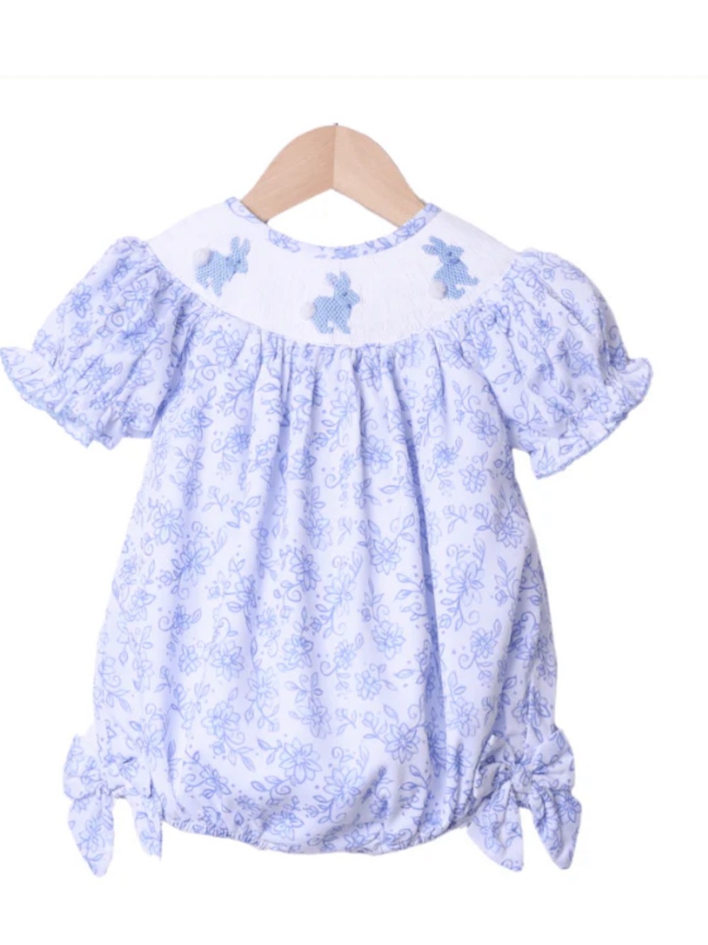 Girls Blue Floral Smocked Bunny One-Piece Play Romper